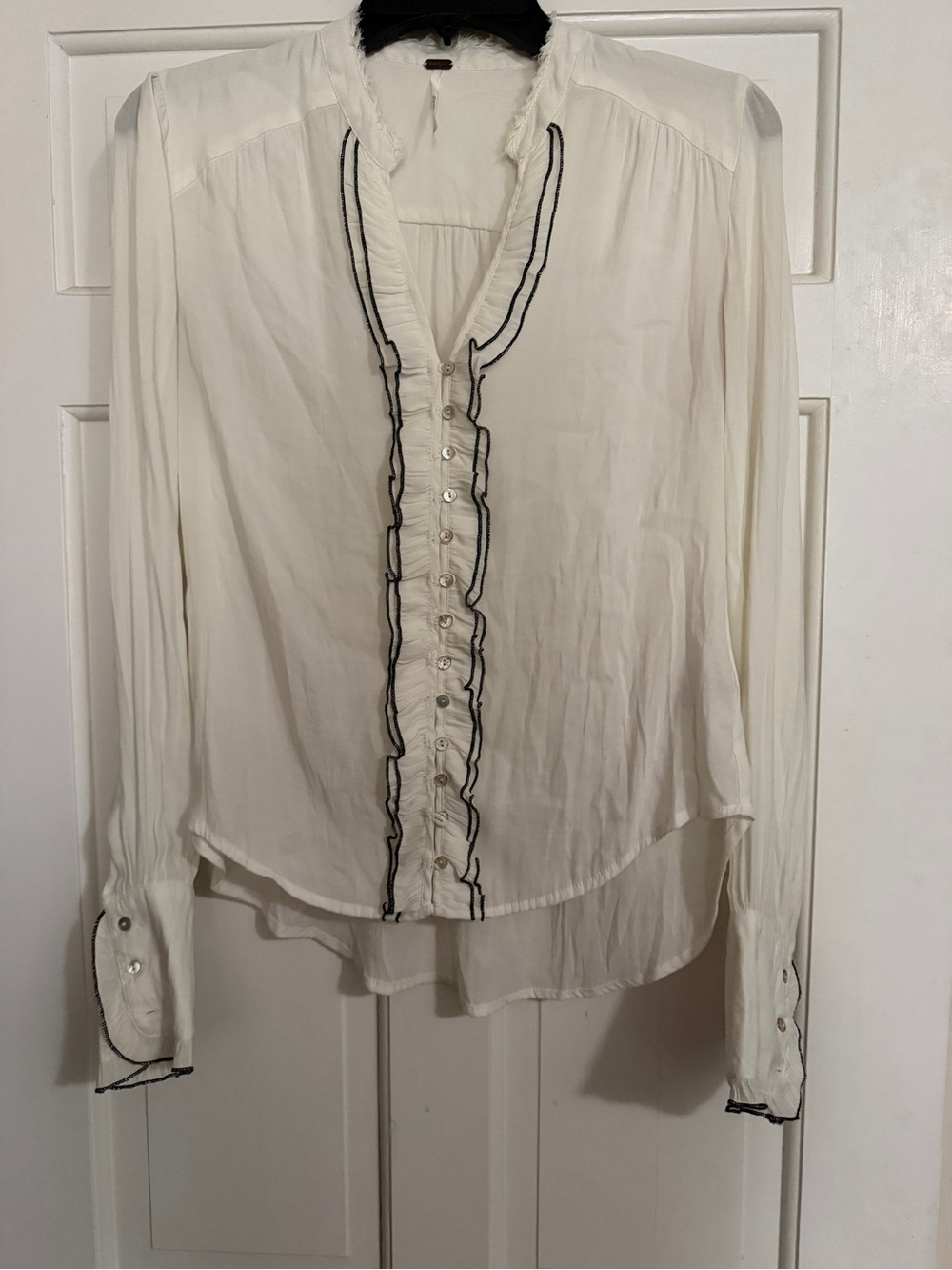 Free People Cream Button-Down Blouse with Black Ruffled Trim